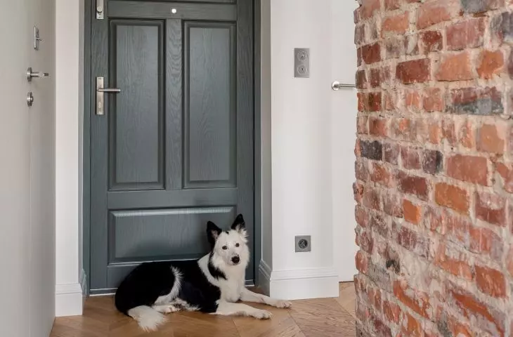 Brick wall divides space into living and bedroom areas