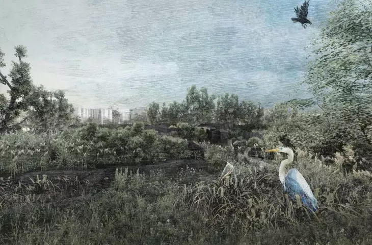 Visualization of the fourth time study, year 2322; the object returns to nature