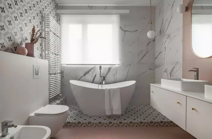 The bathroom was decorated in powder colors