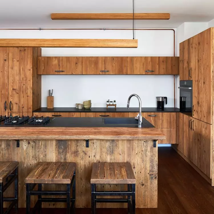 Modern kitchen made of aged pine