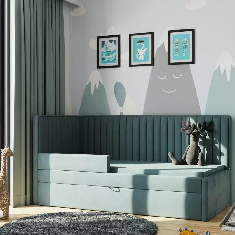 Bed with two headrests, guard rail and pull-out drawer for second mattress or treasures Comfort