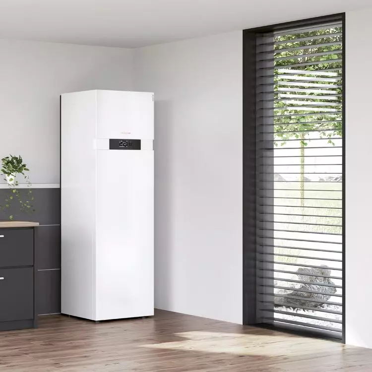 Vitocal 222-G compact brine-to-water heat pump with integrated DHW cylinder.