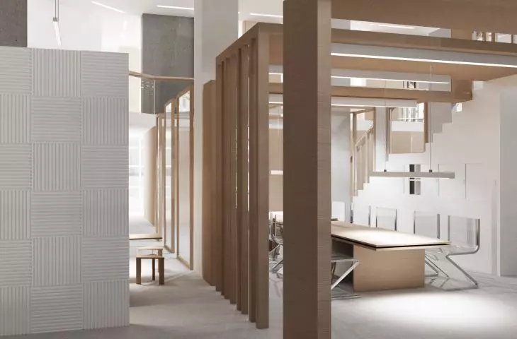 The space is divided by cubbies