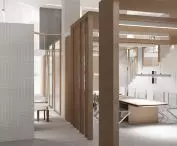 The space is divided by cubbies
