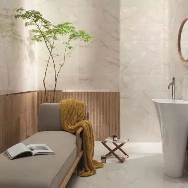 Wood imitation tiles warm up the interior