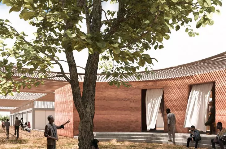 A tree grows in the inner courtyard of the common space