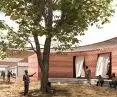 A tree grows in the inner courtyard of the common space