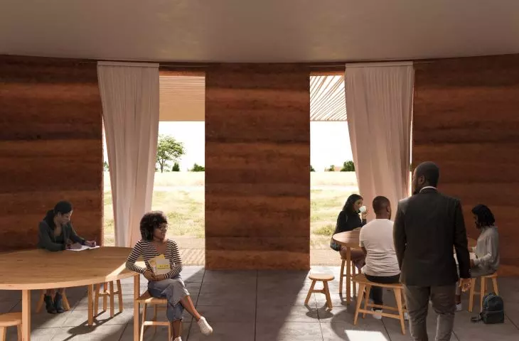 The canteen building was made of rammed earth