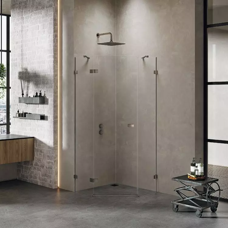 Pentagonal shower enclosure from the Avexa Gunmetal Brushed collection