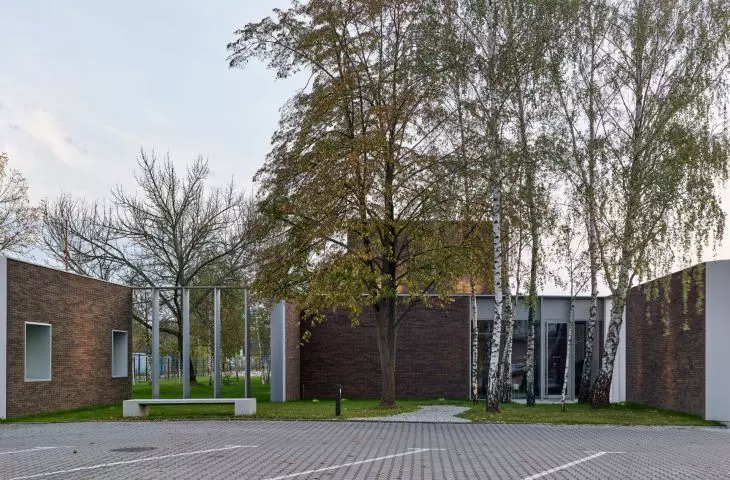 architekci otoczyli istniejący lasek brzozowy