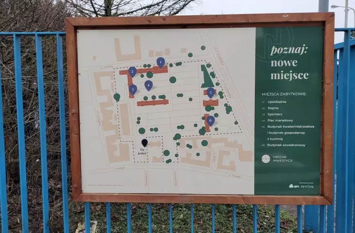 Cavallia at Matejki and Ulanska Streets in Poznan, overview information board 