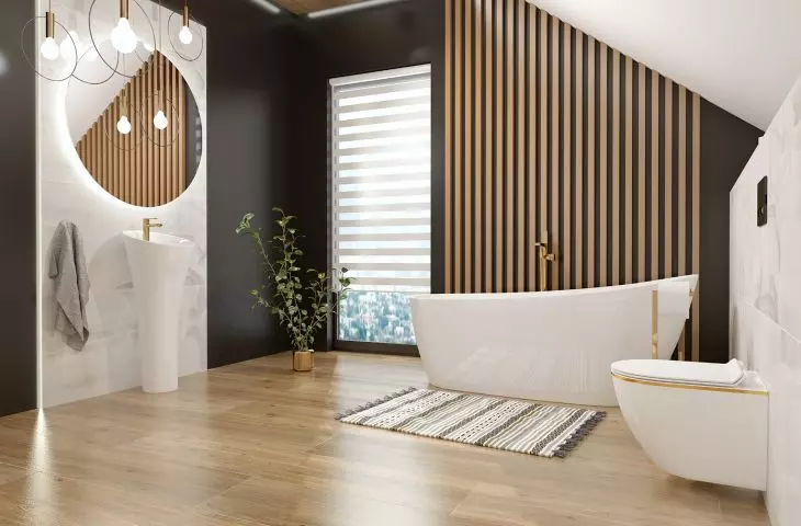 Soft freestanding washbasin / Lotis 100 mirror / Comodo 1700 freestanding bathtub / Sofi Gold Lin wall-mounted bowl