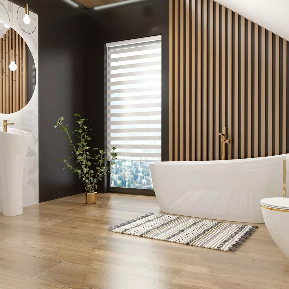 Soft freestanding washbasin / Lotis 100 mirror / Comodo 1700 freestanding bathtub / Sofi Gold Lin wall-mounted bowl