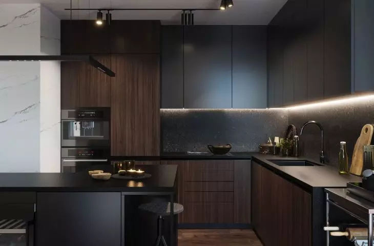 Kitchen with dark brown fronts