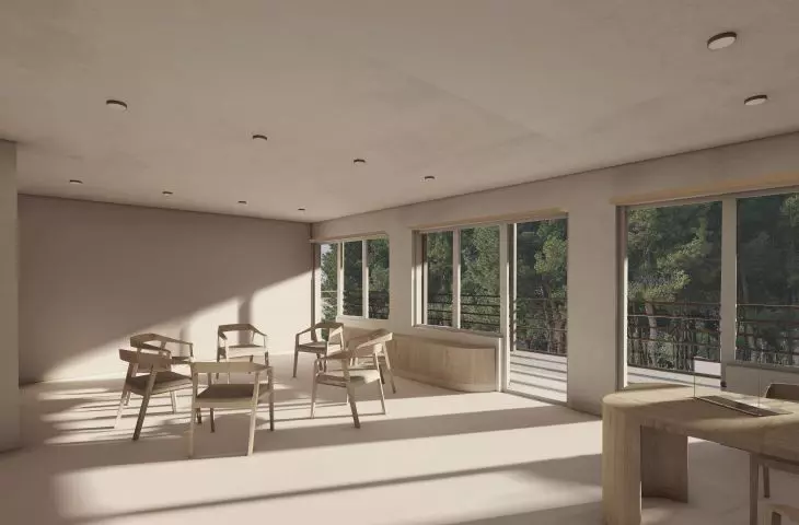 Interior of the therapy room overlooking the green surroundings