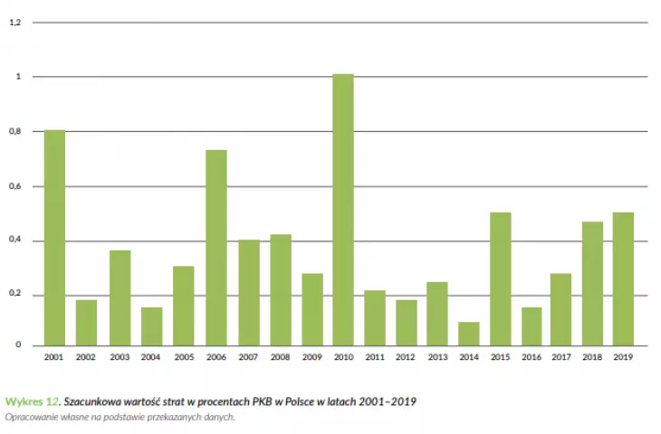 Szacunkowa wartość strat w procentach PKB w Polsce w latach 2001-2019 