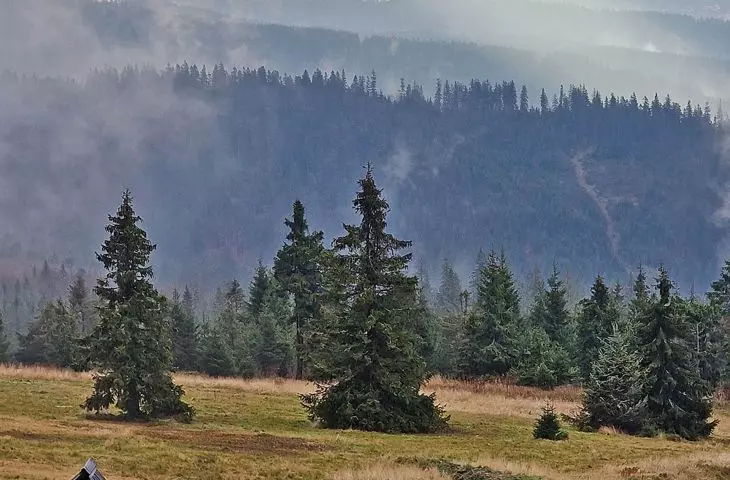  schronisko na Hali Rysiance — ławeczki z widokiem na Pilsko i na Tatry… widoki zależą od pogody, ale takie dziury w chmurach dostarczają jeszcze bardziej spektakularnych doznań 