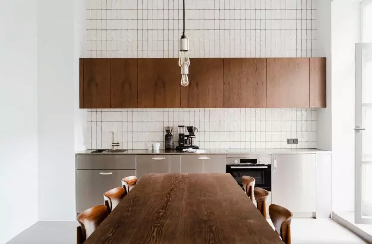 dark wood in the kitchen contrasts with white