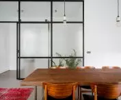 the interior combines industrial and vintage elements