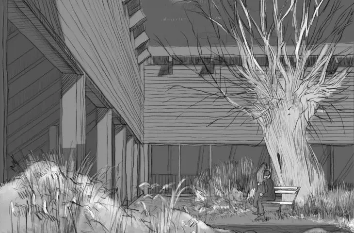 Design of the house of the dead, garden with winter blooming flowers