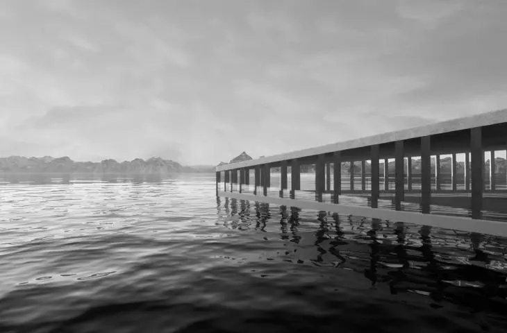 Roof lowers toward lake
