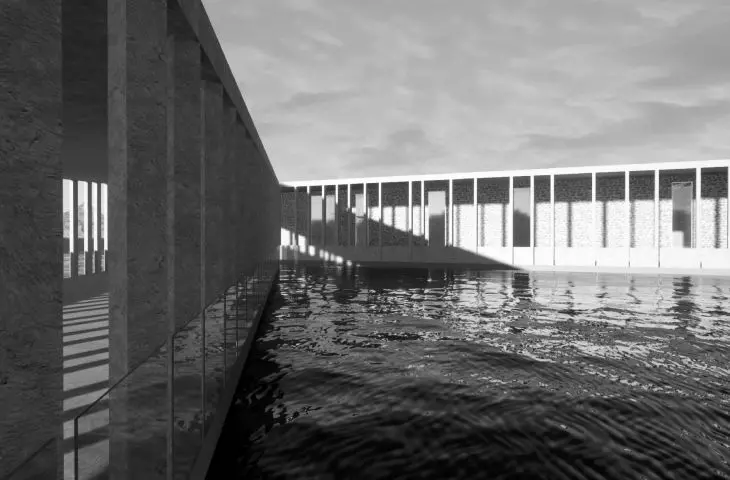 Depending on the position of the sun, a play of light and shadow takes place inside the corridors, creating diagonal lines