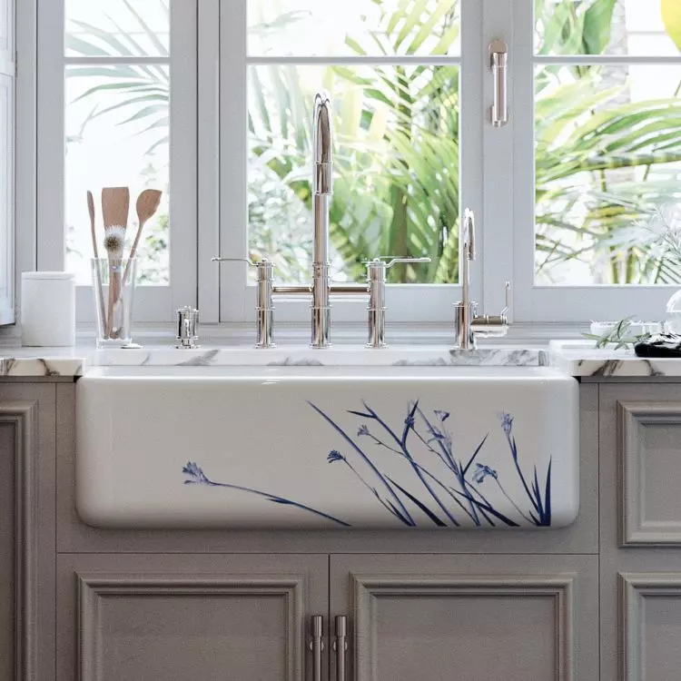 SHAWS Butler 800 WILD GRASS BLUE ceramic sink with front wall decoration. P&R ARMSTRONG industrial faucet with integrated shower in the spout, MINI ARMSTRONG faucet with water heating system 75-98°C and cold water filtration.