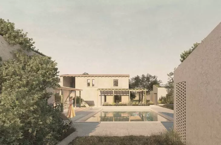 The center features a courtyard with a swimming pool