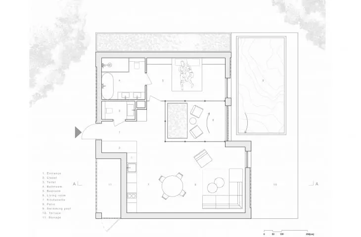 A floor plan of one of the guest houses