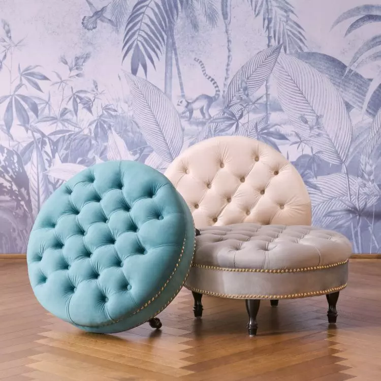 Upholstered poufs are one of the hallmarks of this style