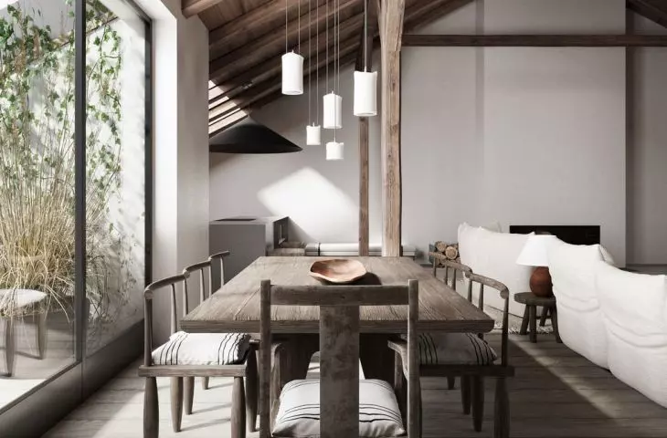 Dining area with an interior balcony