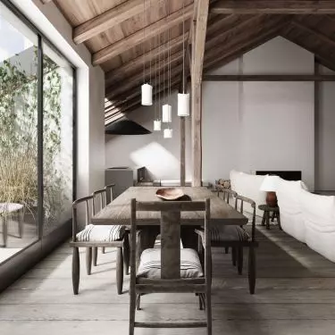 Dining area with an interior balcony
