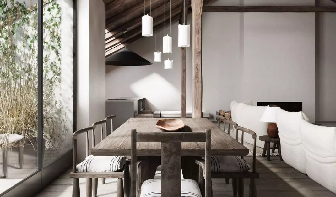 Dining area with an interior balcony