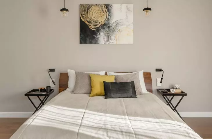 Bedroom with exotic wood bed