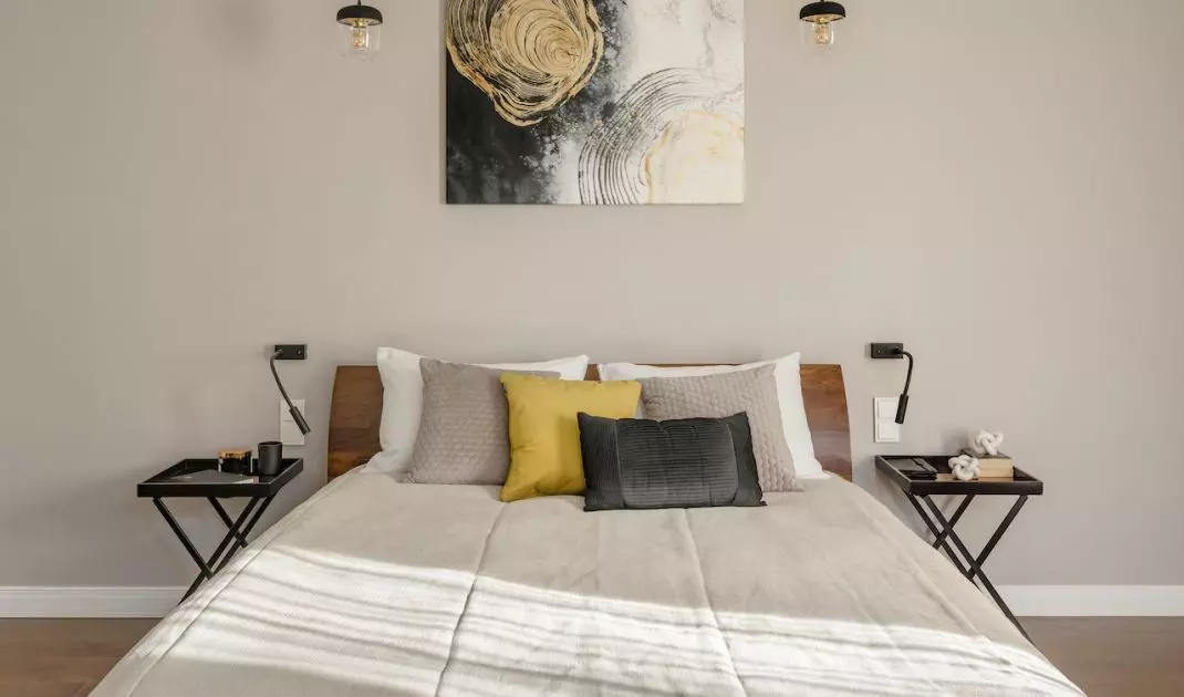 Bedroom with exotic wood bed