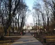 A path among tall trees that leads to the mausoleum of Joseph Bem
