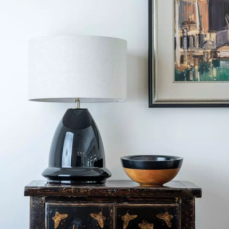 Lampa stołowa Malaga Black z lnianym abażurem