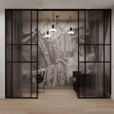 The apartment has industrial elements