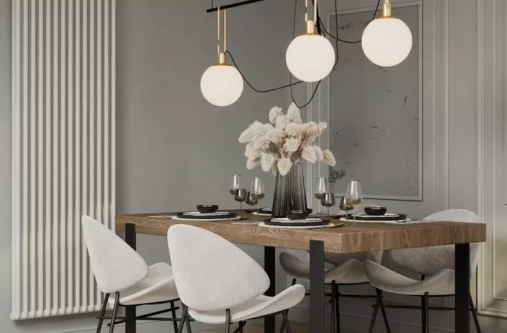 The dining room features original lighting 