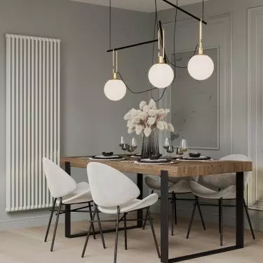 The dining room features original lighting