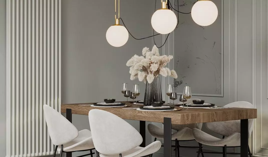 The dining room features original lighting 