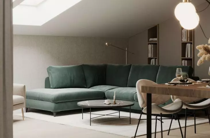 The green sofa is a strong color accent 