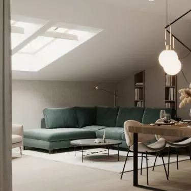 The green sofa is a strong color accent