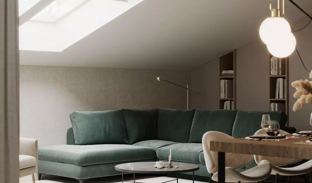 The green sofa is a strong color accent 