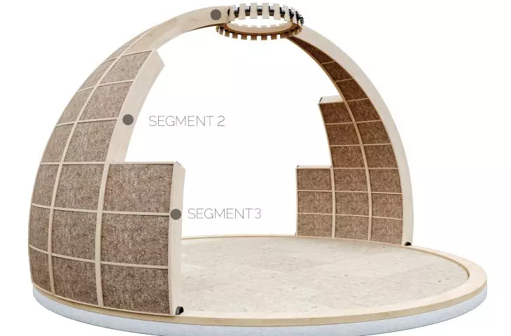 Wanda type dome house, segments: 1. construction of C24 wood, 2. filling of modules, 3. steel fixings