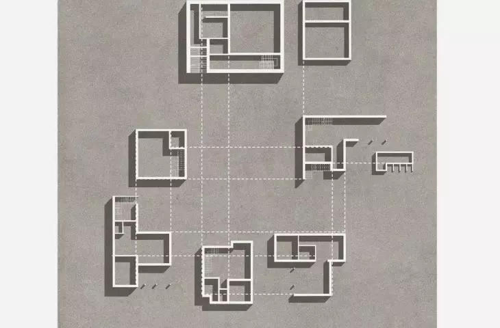 Diagram założenia — domki gościnne i przestrzeń degustacyjno-biurowa