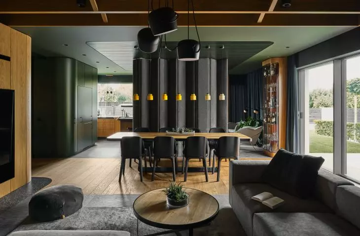 The dining room was separated from the kitchen by a felt partition