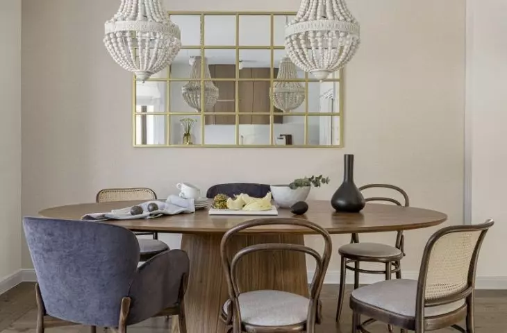 Dining room with three types of chairs