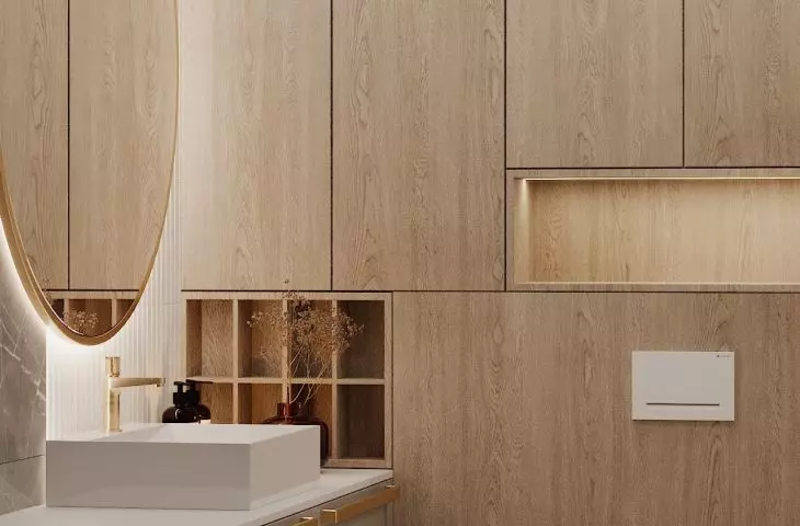 The bathroom is maintained in wood and stone