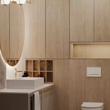 The bathroom is maintained in wood and stone